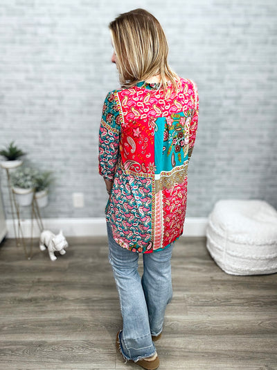 Teal and Fuchsia Paisley Mandarin Collar High Low Gabby Top