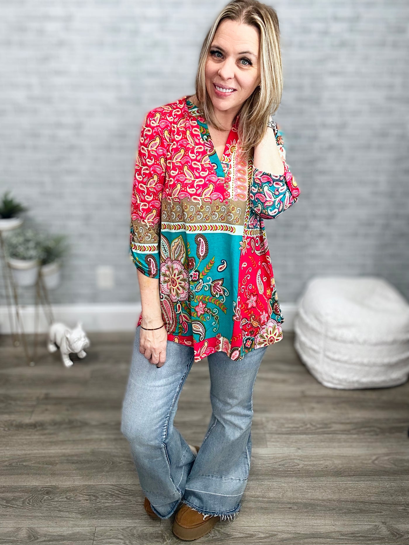Teal and Fuchsia Paisley Mandarin Collar High Low Gabby Top