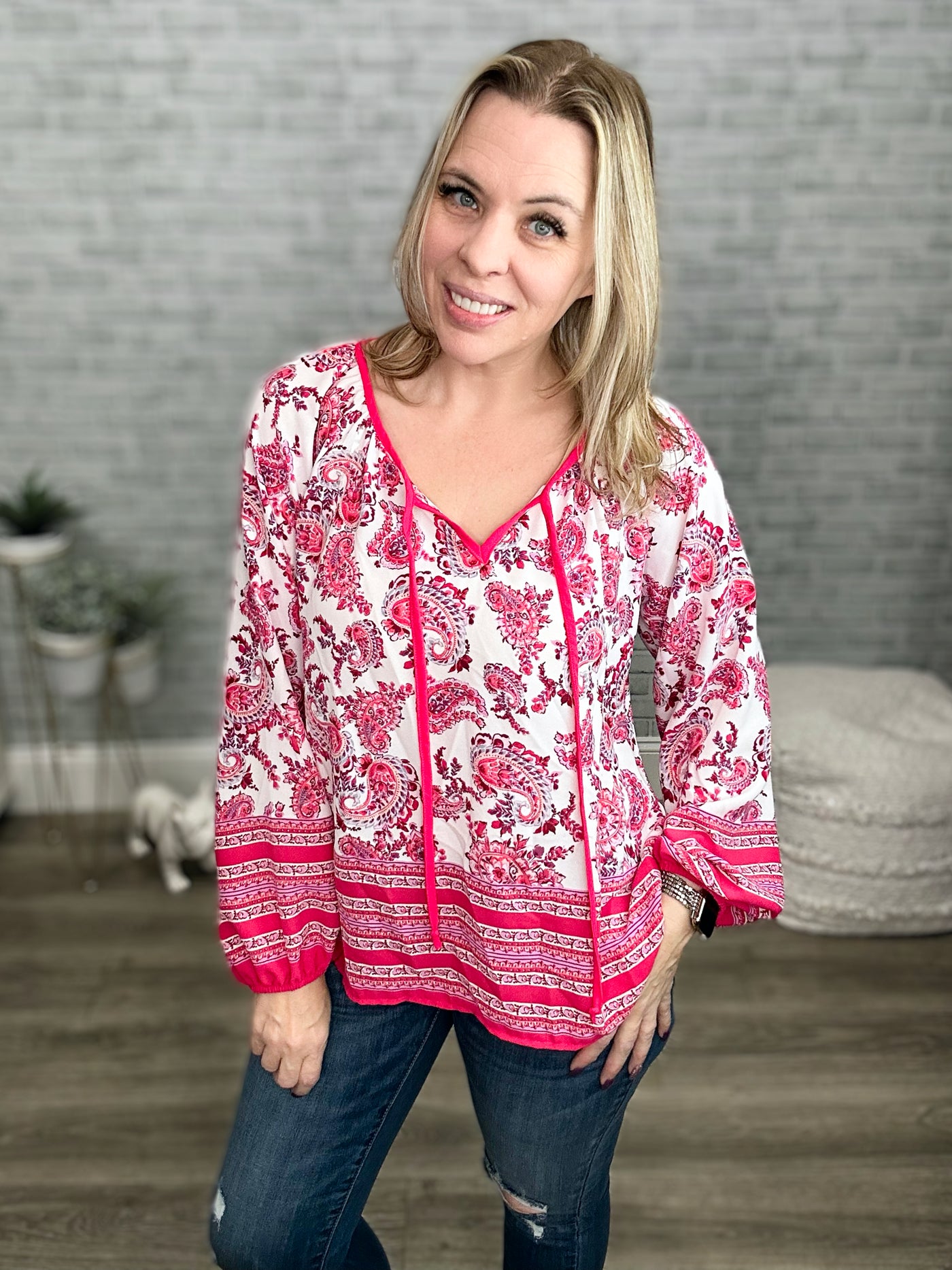 Pink Boho & Floral Print Peasant Top with Keyhole and Tie String
