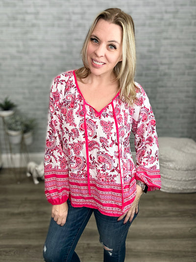 Pink Boho & Floral Print Peasant Top with Keyhole and Tie String