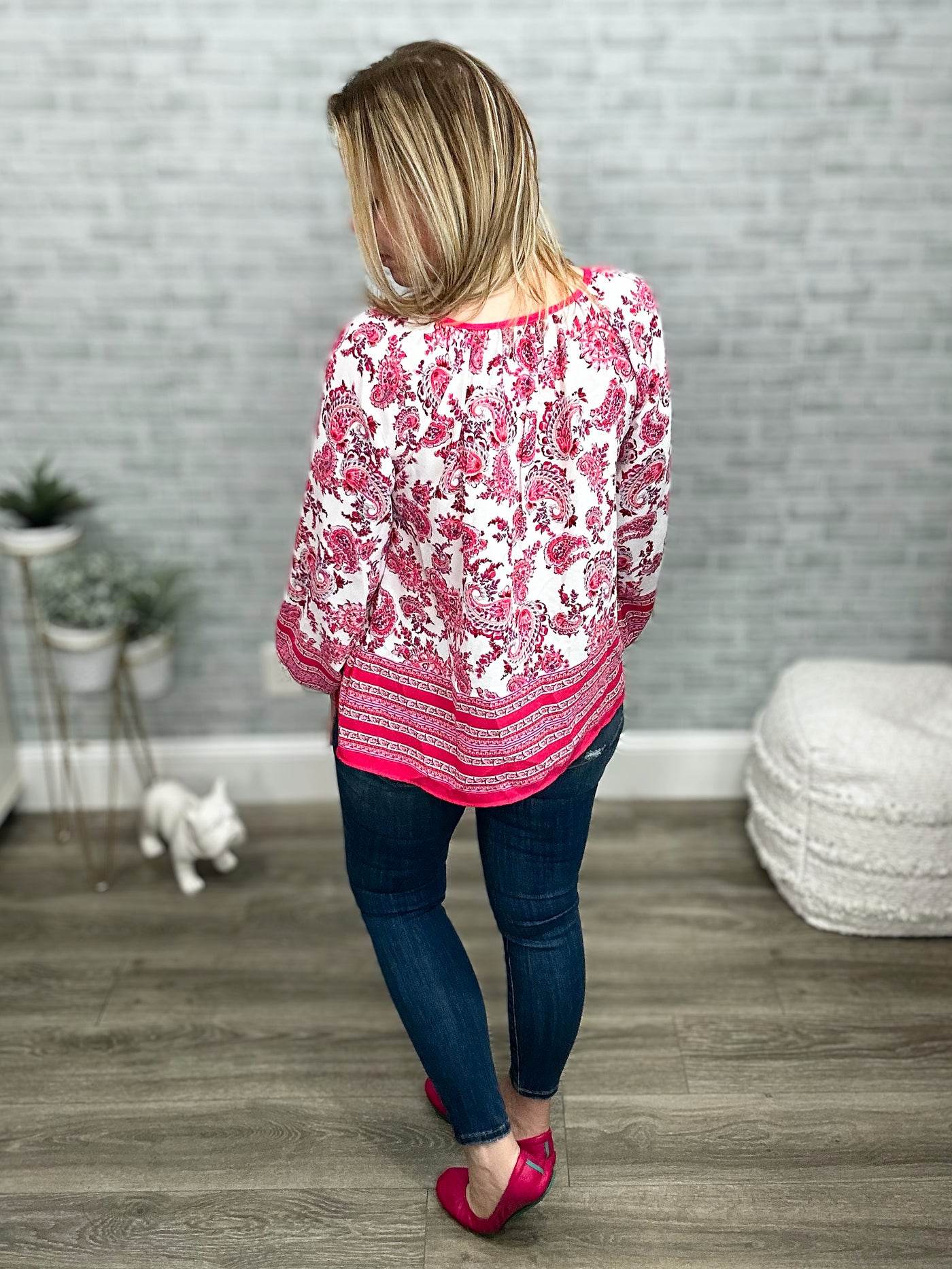 Pink Boho & Floral Print Peasant Top with Keyhole and Tie String