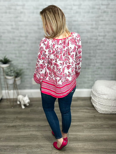 Pink Boho & Floral Print Peasant Top with Keyhole and Tie String