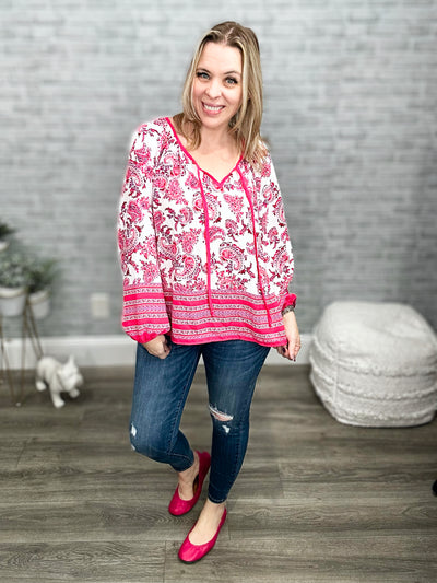 Pink Boho & Floral Print Peasant Top with Keyhole and Tie String