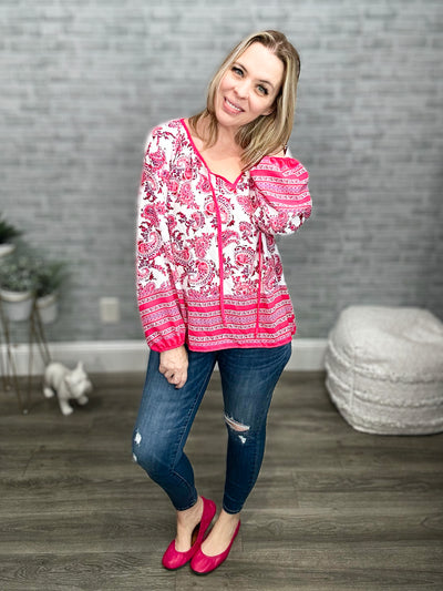 Pink Boho & Floral Print Peasant Top with Keyhole and Tie String