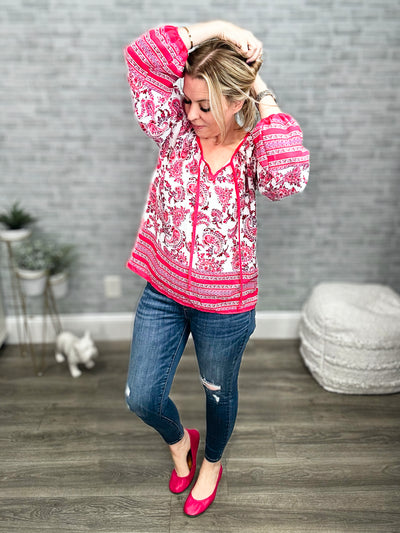 Pink Boho & Floral Print Peasant Top with Keyhole and Tie String