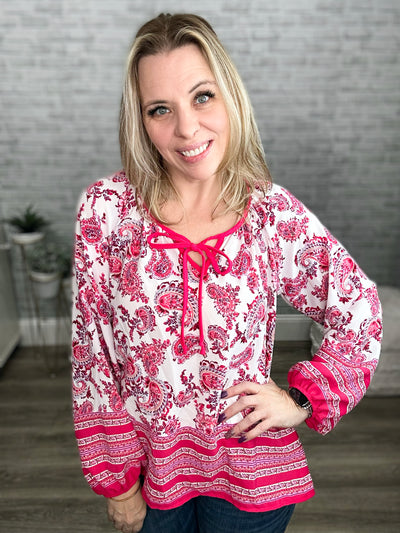 Pink Boho & Floral Print Peasant Top with Keyhole and Tie String
