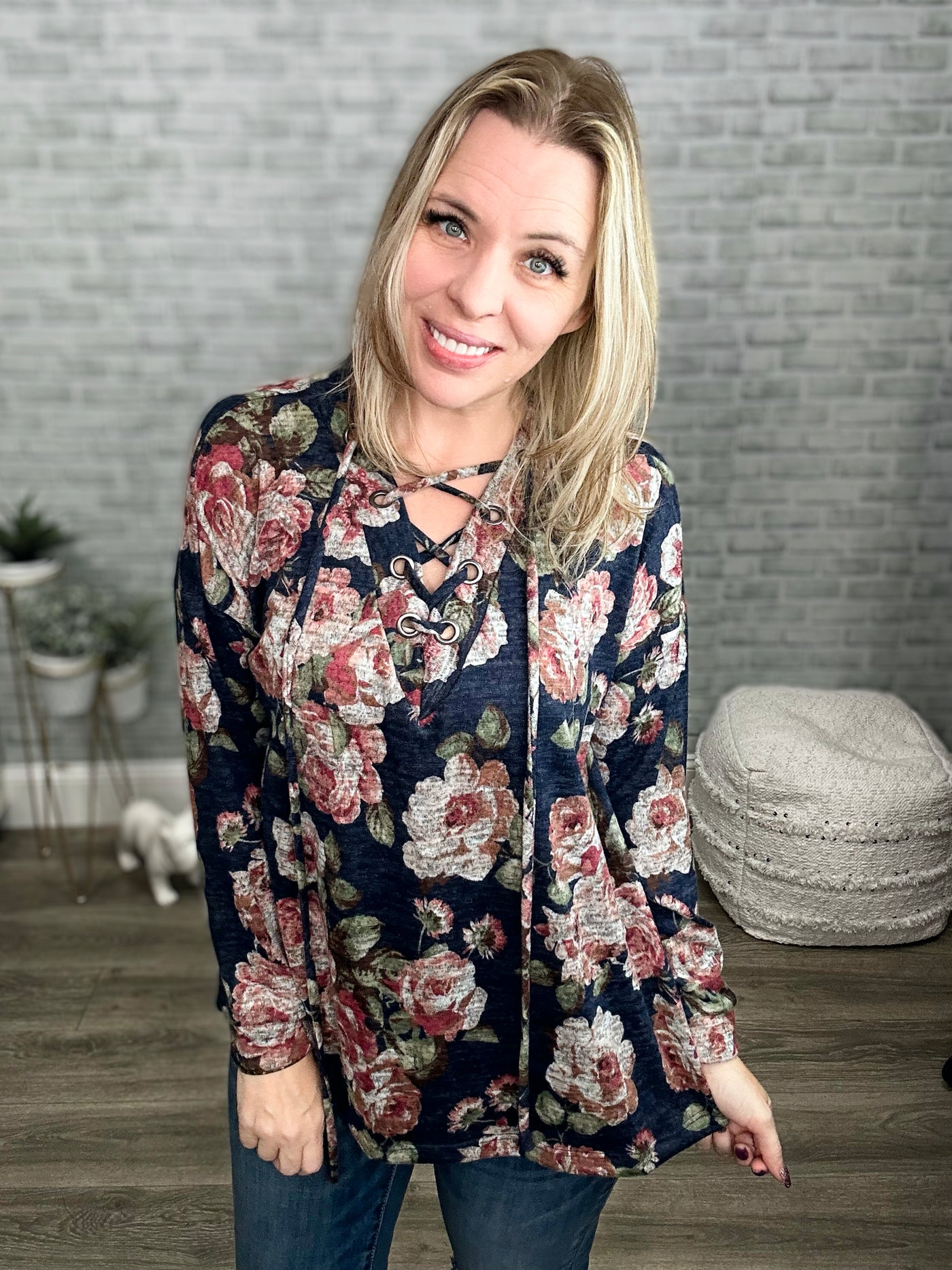 Oddi Navy Floral Lace Up Top