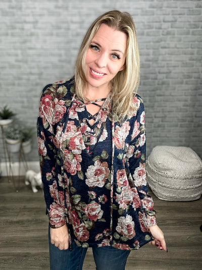 Oddi Navy Floral Lace Up Top