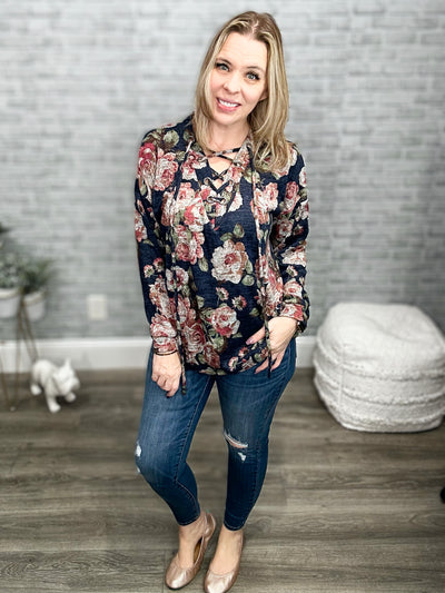 Oddi Navy Floral Lace Up Top
