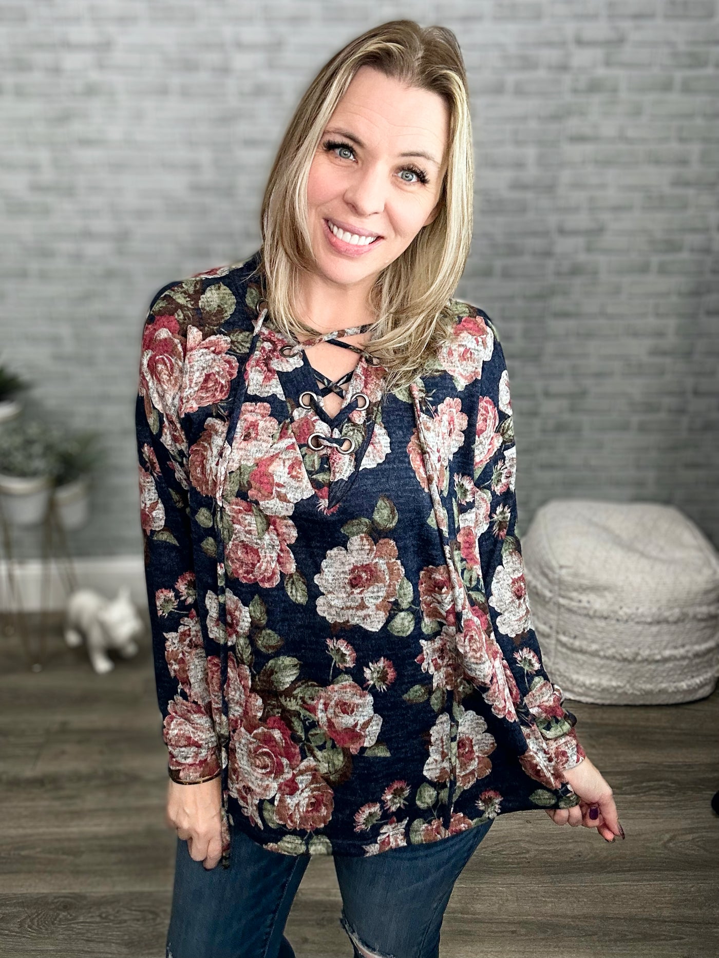 Oddi Navy Floral Lace Up Top