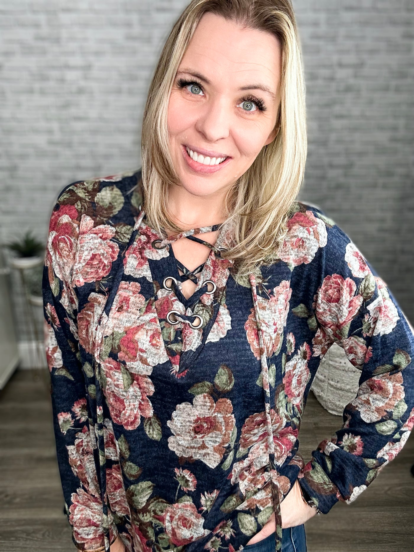 Oddi Navy Floral Lace Up Top