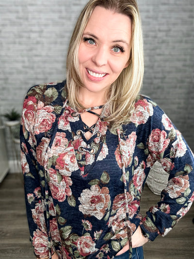 Oddi Navy Floral Lace Up Top