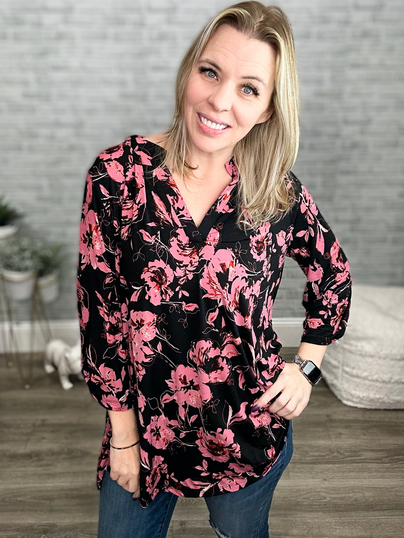 Black & Mauve Mandarin Collar 3/4 Sleeve Tunic Top
