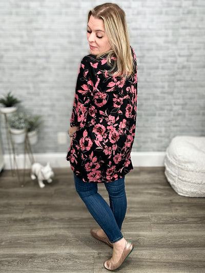 Black & Mauve Mandarin Collar 3/4 Sleeve Tunic Top