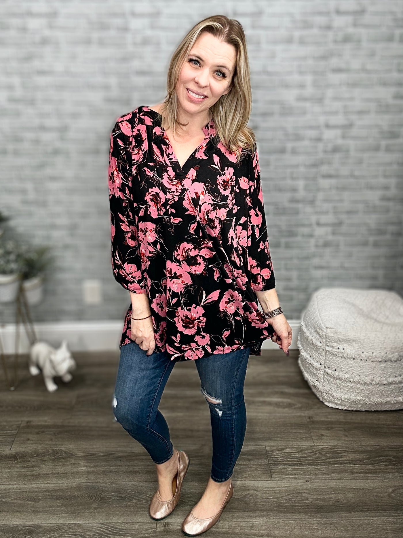 Black & Mauve Mandarin Collar 3/4 Sleeve Tunic Top