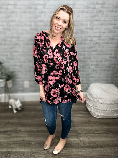 Black & Mauve Mandarin Collar 3/4 Sleeve Tunic Top