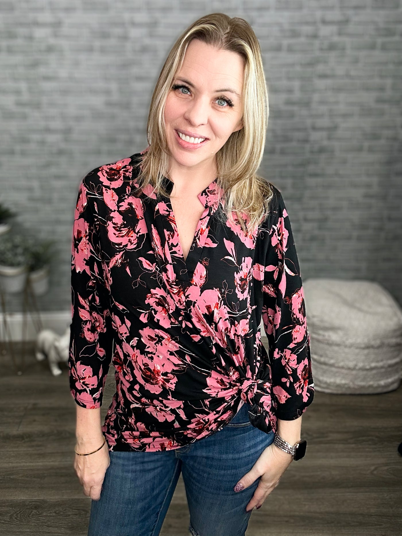 Black & Mauve Mandarin Collar 3/4 Sleeve Tunic Top