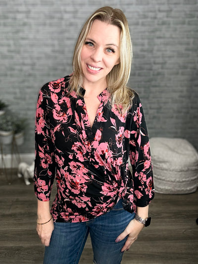 Black & Mauve Mandarin Collar 3/4 Sleeve Tunic Top