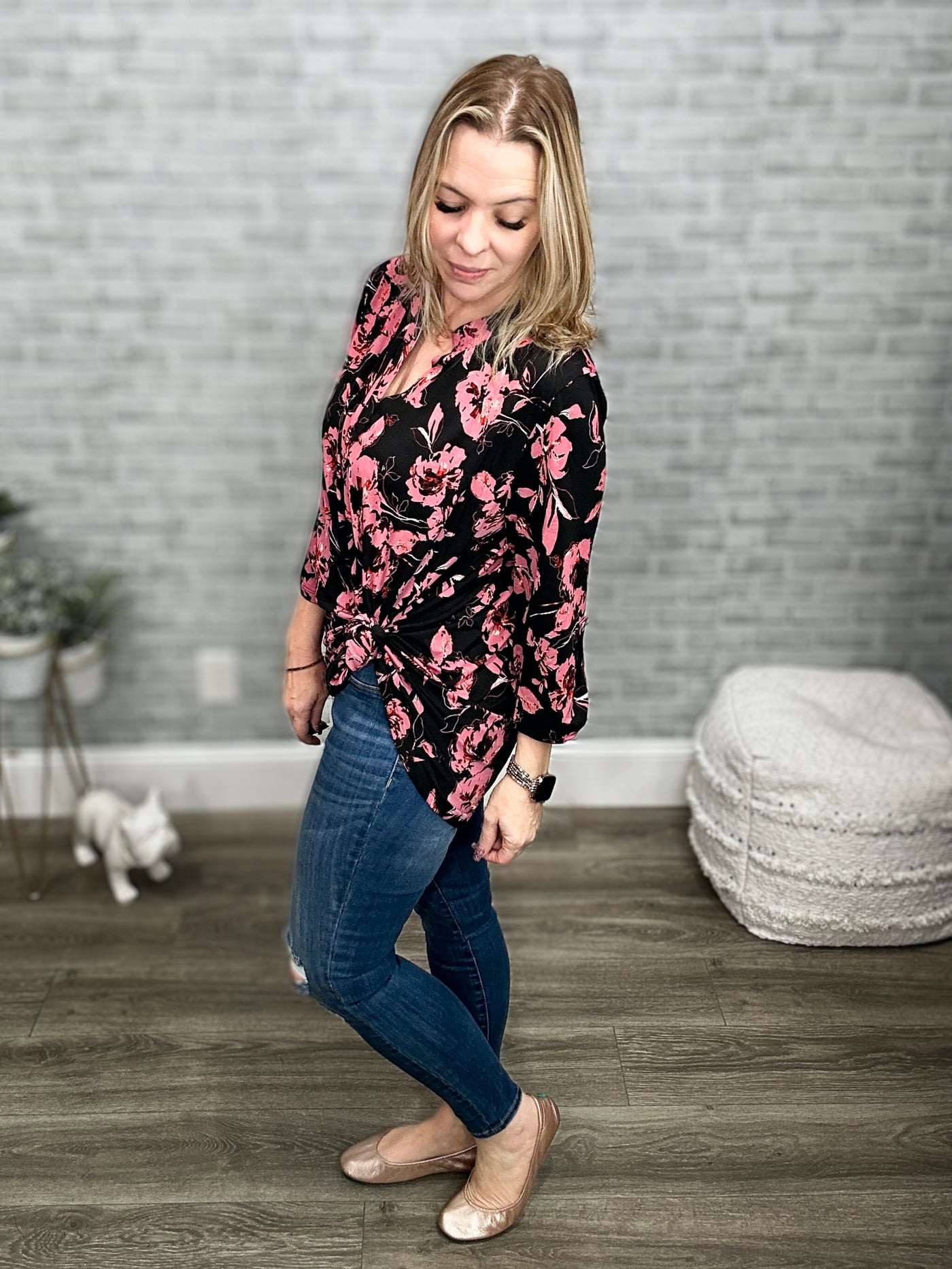 Black & Mauve Mandarin Collar 3/4 Sleeve Tunic Top