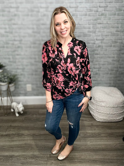 Black & Mauve Mandarin Collar 3/4 Sleeve Tunic Top