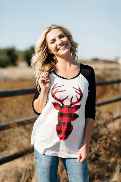 3/4 Sleeve Raglan Top with Red Buffalo Plaid Reindeer