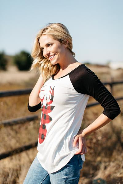 3/4 Sleeve Raglan Top with Red Buffalo Plaid Reindeer