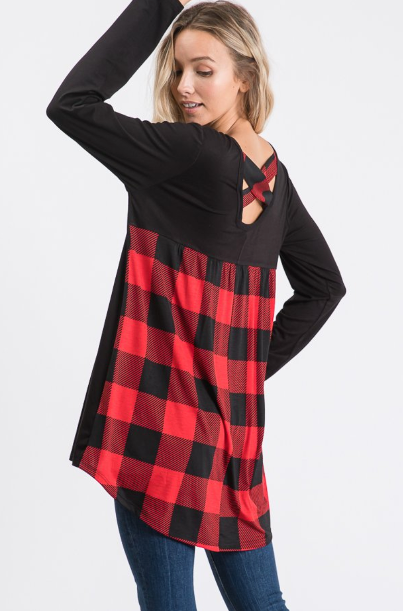 Black with Black & Red Buffalo Plaid Criss Cross Back