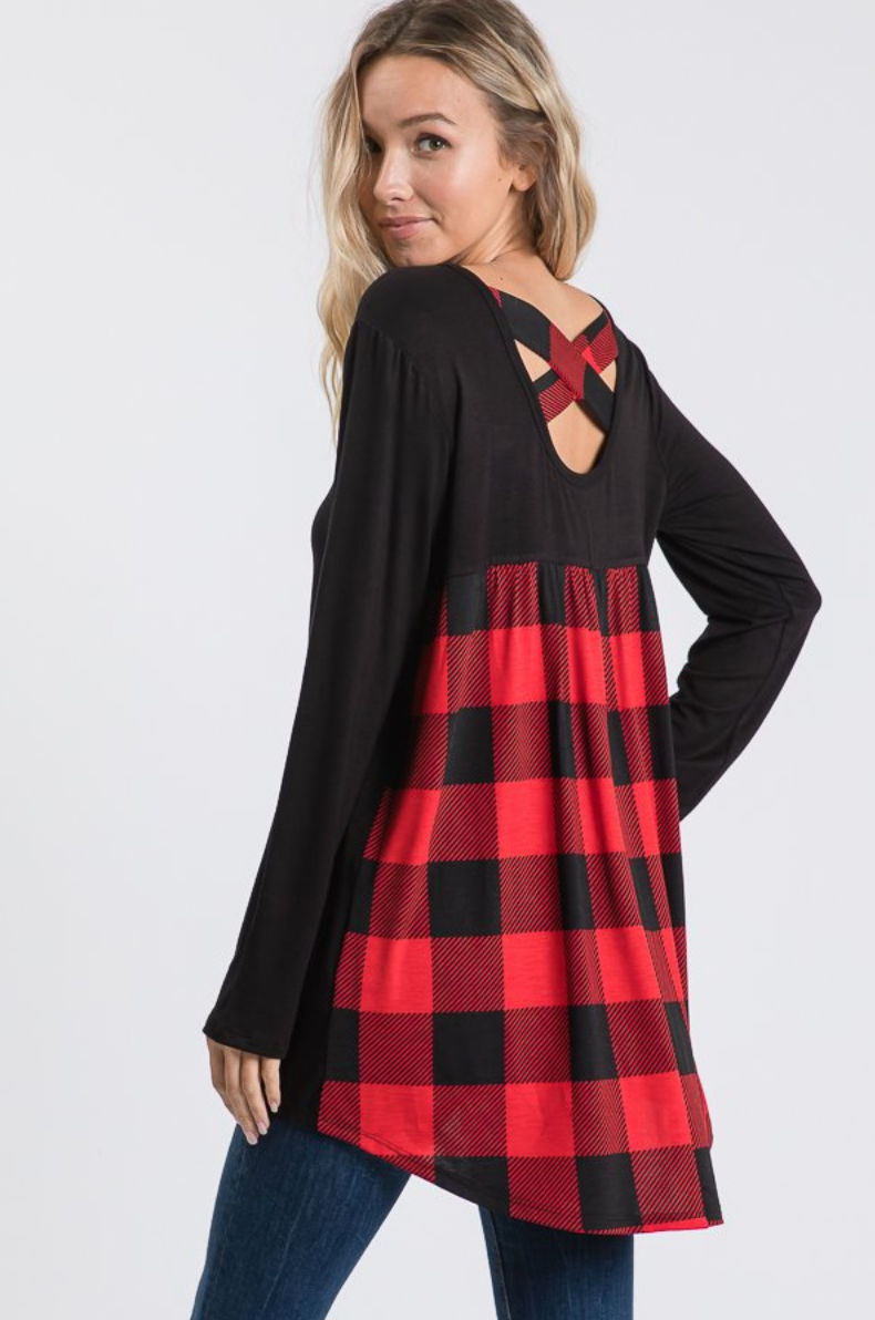 Black with Black & Red Buffalo Plaid Criss Cross Back