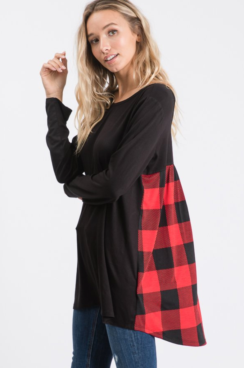 Black with Black & Red Buffalo Plaid Criss Cross Back