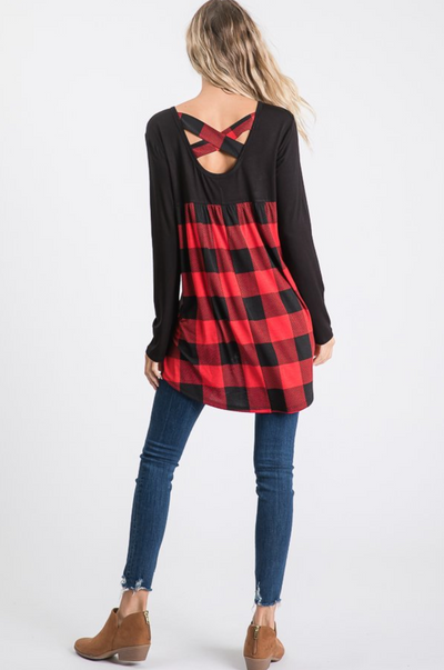 Black with Black & Red Buffalo Plaid Criss Cross Back