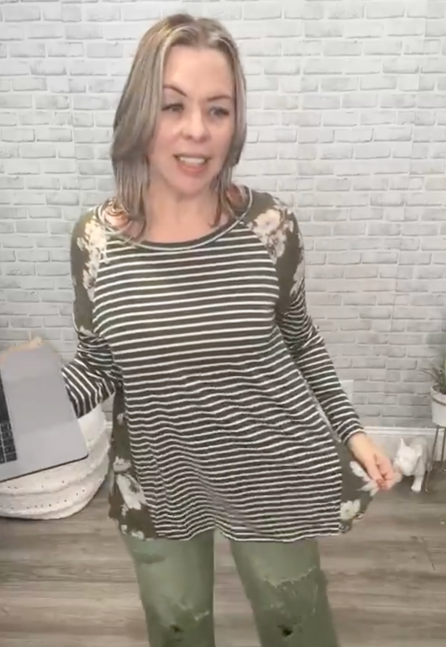 Oddi Green Stripes and Floral Tunic Top