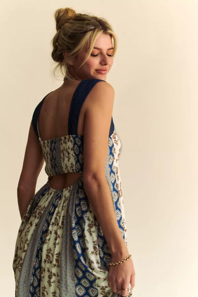 Flower Fields Mixed Print Open Back Midi Dress - Davi & Dani