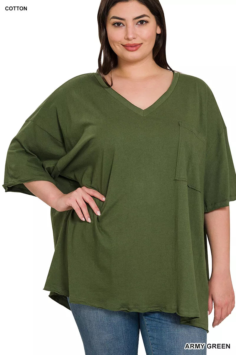 Many Colors - Oversized Tee with Raw Edges and V-Neckline