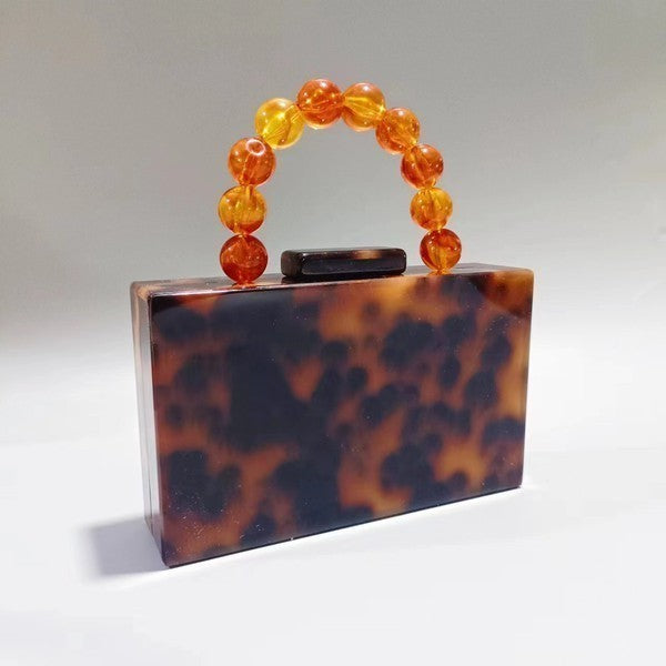 Modern Rectangle Tortoiseshell Brown Acrylic Clutch Bag Purse with Large Bead Handle