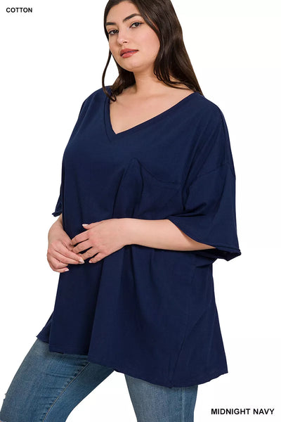 Many Colors - Oversized Tee with Raw Edges and V-Neckline
