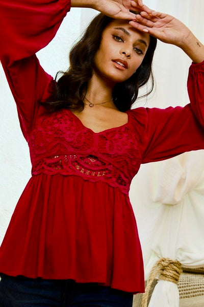 Crochet Front Smocked Back Peplum Top