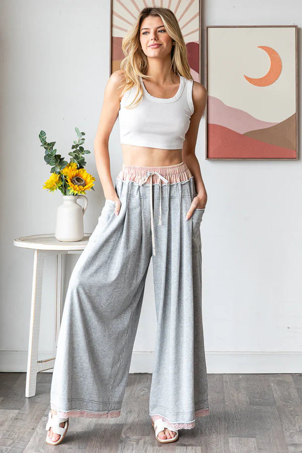 Gray Wide Leg Pants with Double Band and Cuff Trim from Oli & Hali