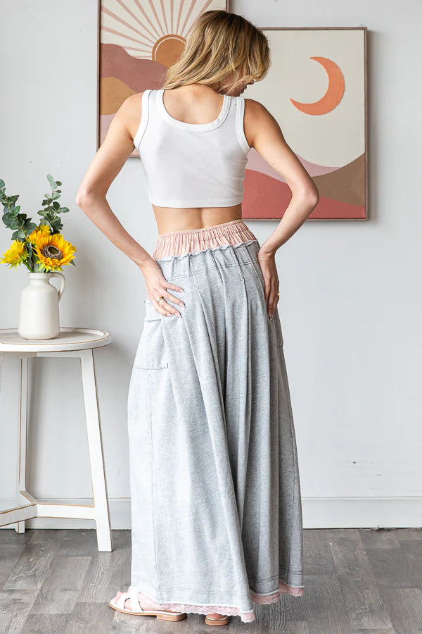 Gray Wide Leg Pants with Double Band and Cuff Trim from Oli & Hali