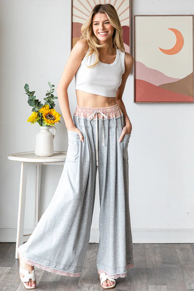 Gray Wide Leg Pants with Double Band and Cuff Trim from Oli & Hali
