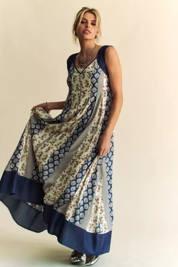 Flower Fields Mixed Print Open Back Midi Dress - Davi & Dani