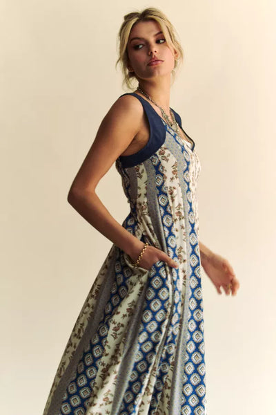 Flower Fields Mixed Print Open Back Midi Dress - Davi & Dani