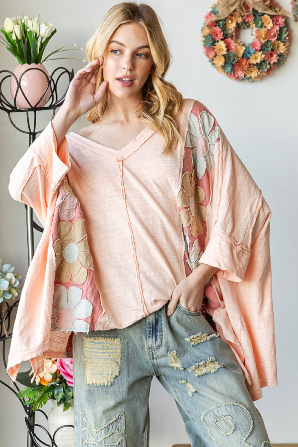 Washed Daisy Patch Oversized Top - Pink - Oli & Hali