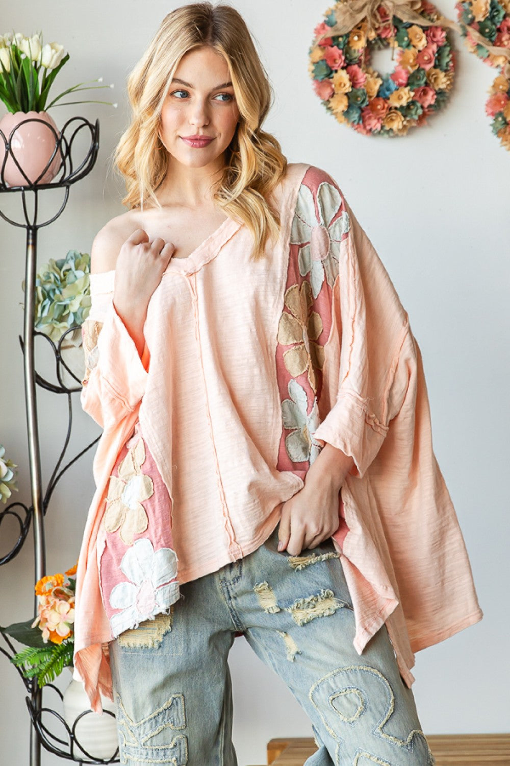 Washed Daisy Patch Oversized Top - Pink - Oli & Hali