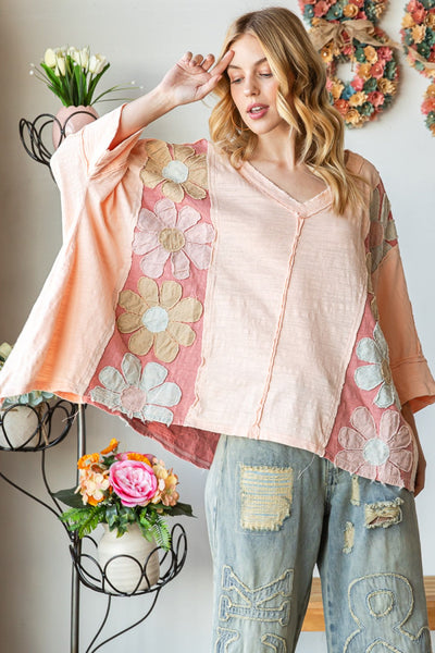 Washed Daisy Patch Oversized Top - Pink - Oli & Hali