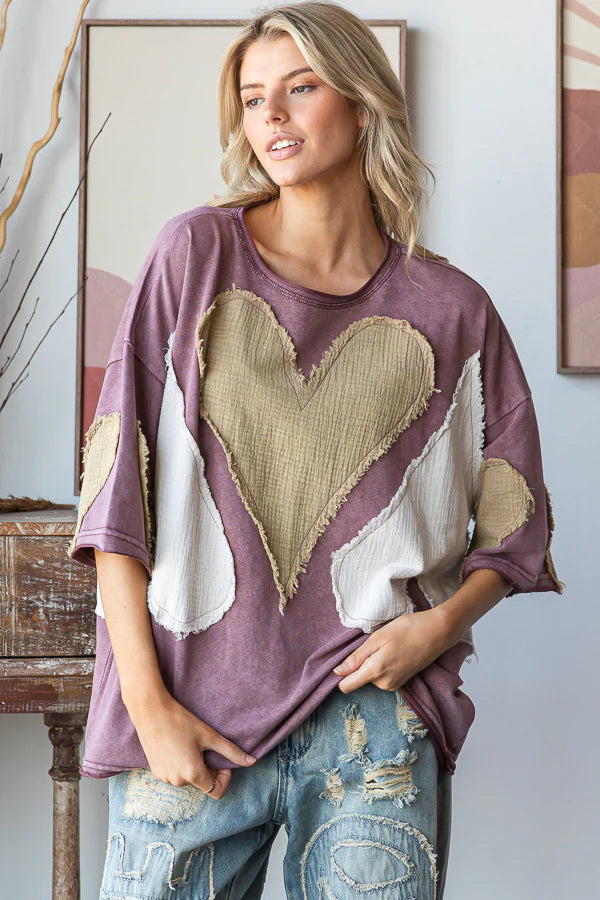 Mineral Washed Oversized Top with Patchwork Hearts and Pockets - Oli & Hali