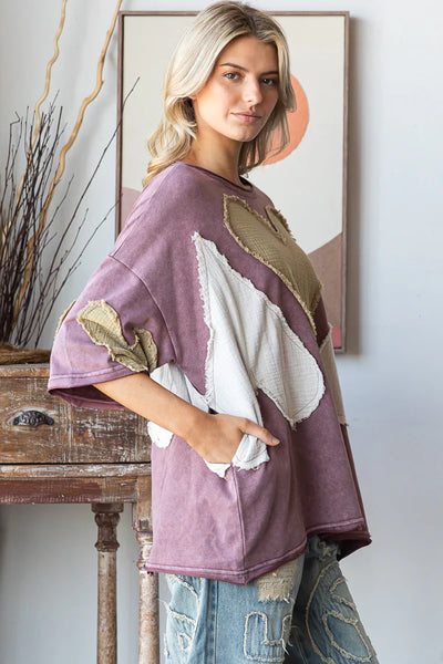 Mineral Washed Oversized Top with Patchwork Hearts and Pockets - Oli & Hali