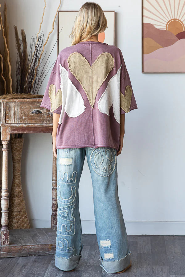 Mineral Washed Oversized Top with Patchwork Hearts and Pockets - Oli & Hali