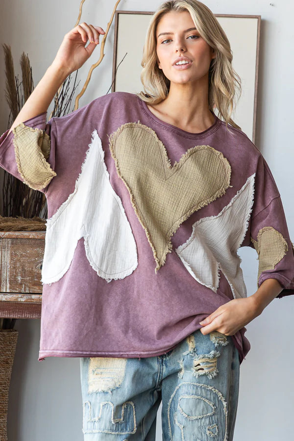 Mineral Washed Oversized Top with Patchwork Hearts and Pockets - Oli & Hali