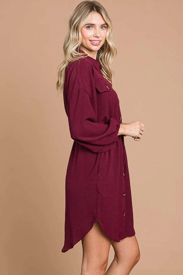 Drawstring Waist Button Down Shirt Dress with Pockets S