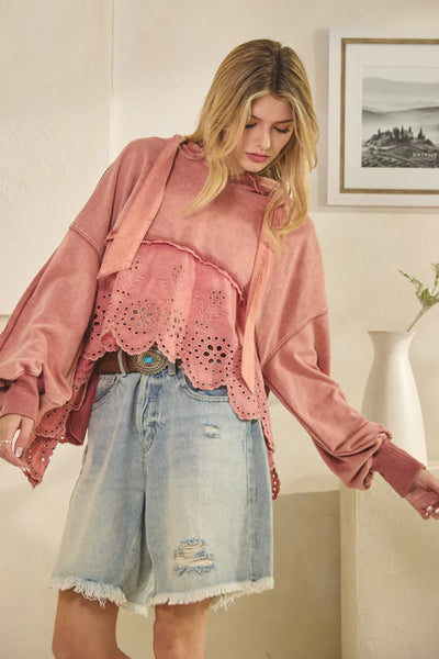 Washed French Terry Eyelet Mix Hoodie Sweatshirt - Oli & Hali